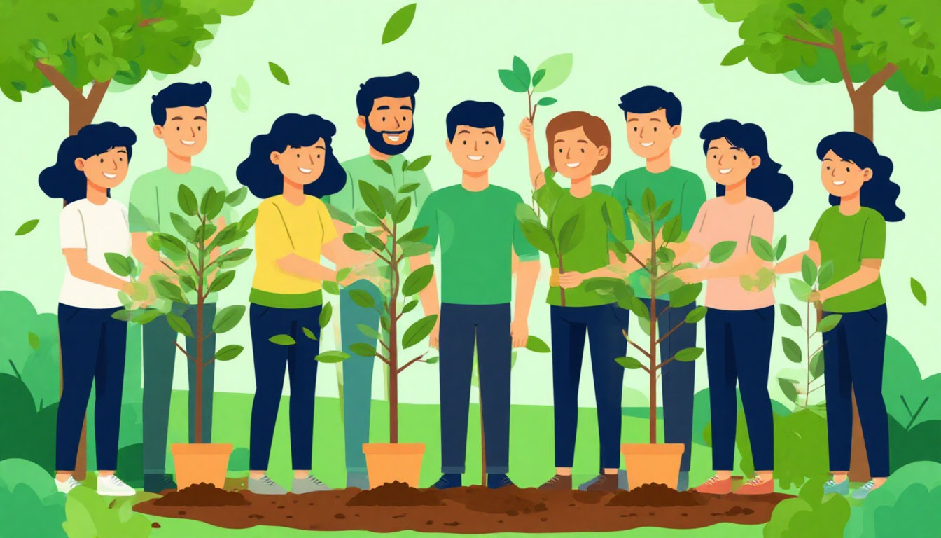 Команда сажает деревья на экологическом мероприятии