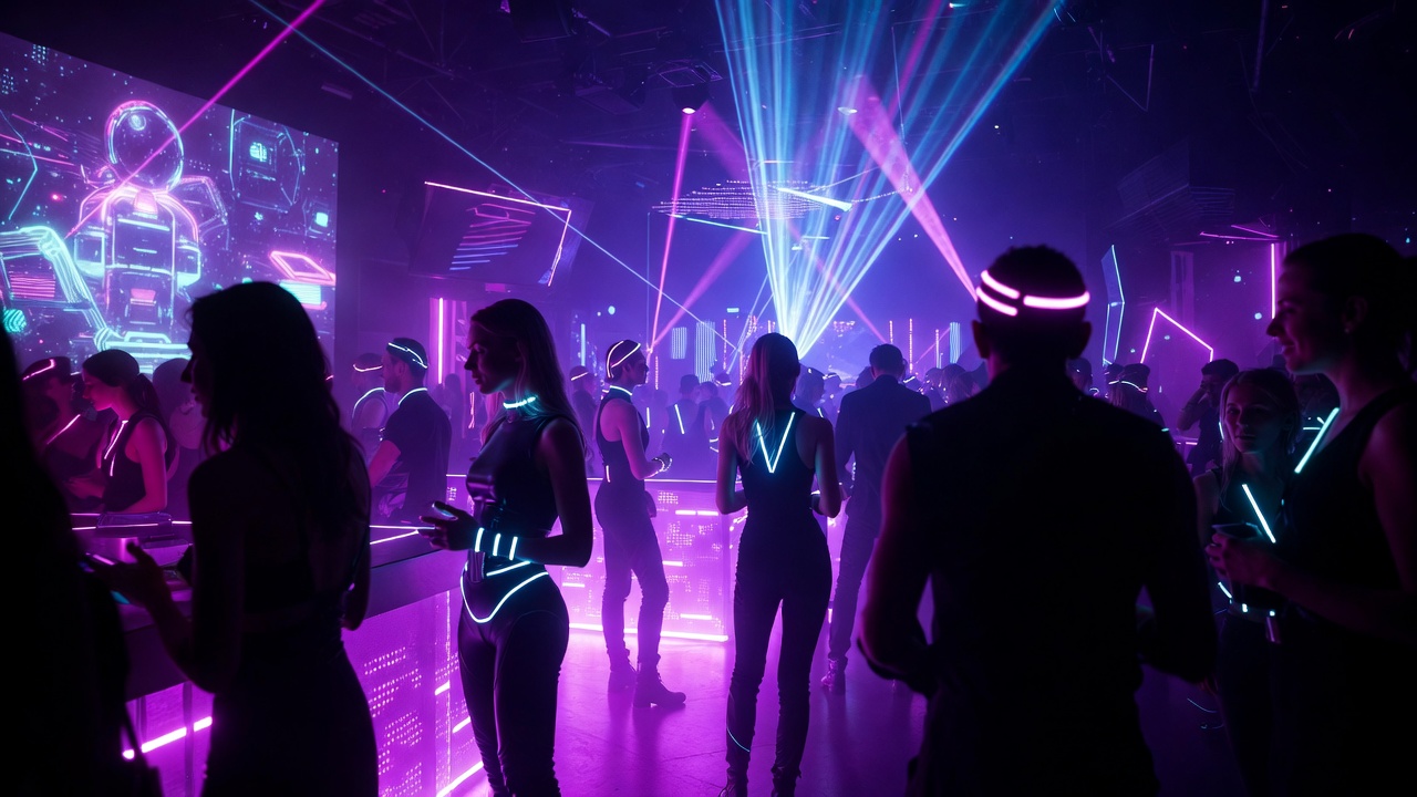 Корпоративное мероприятие в стиле киберпанк с неоновым светом, лазерами и футуристическим декором