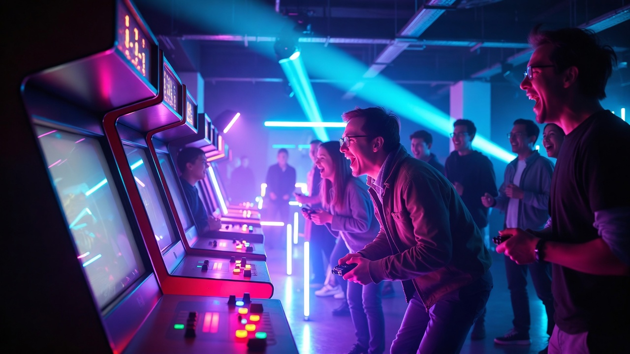 Интерактивная игровая зона с аркадными автоматами на технологичном корпоративе