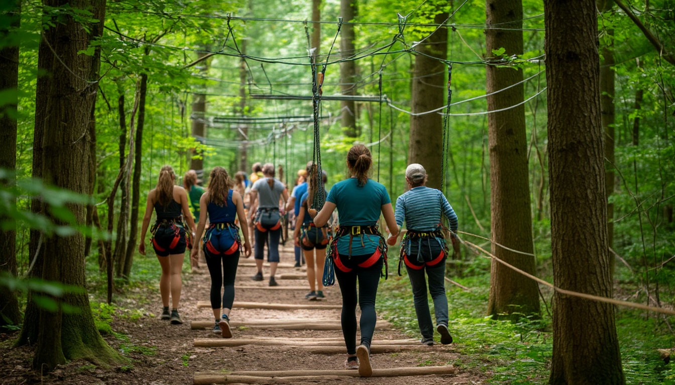 Участники проходят этапы верёвочного курса на природе