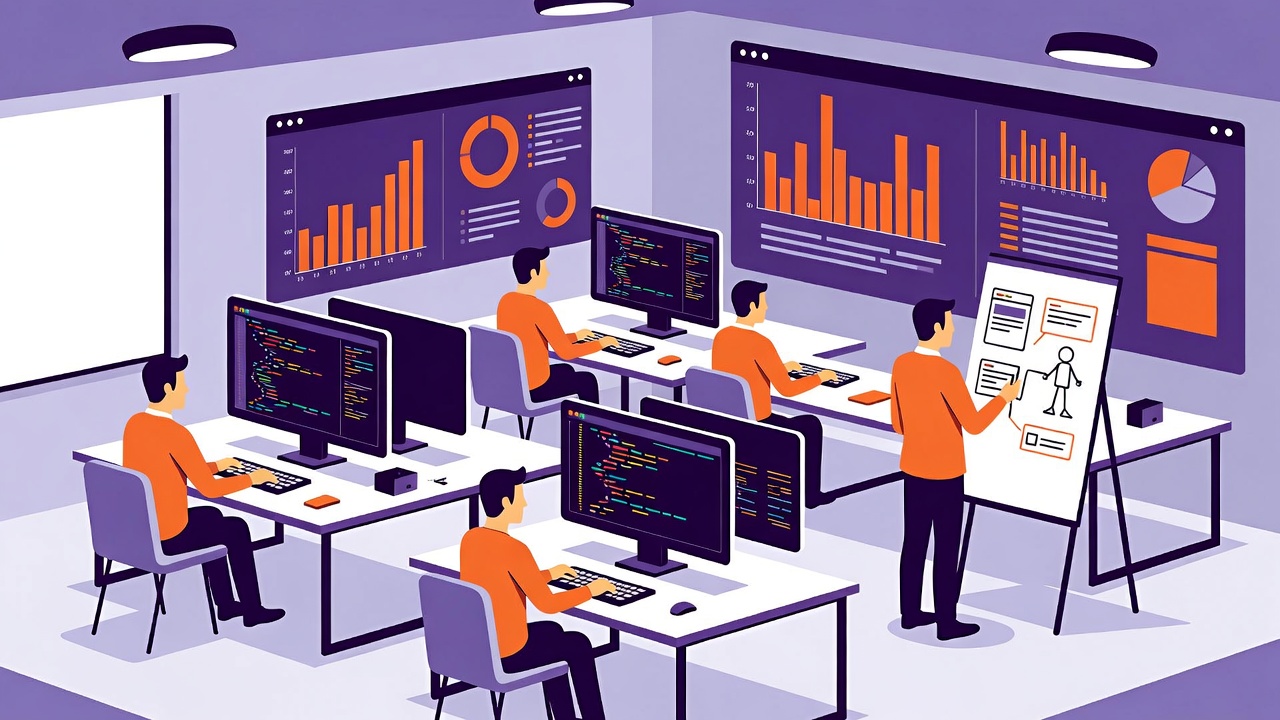 Команда разработчиков работает над программированием и созданием продукта