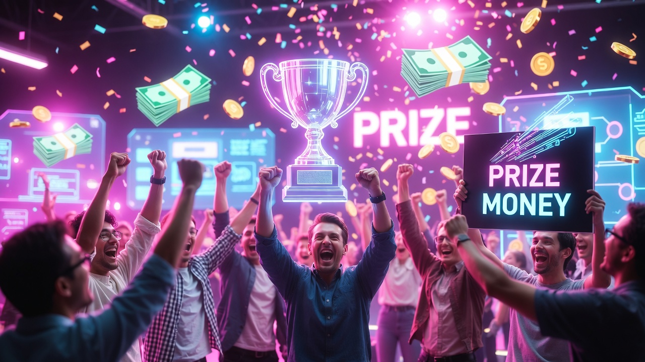 Команда разработчиков празднует победу и получение призового фонда на хакатоне