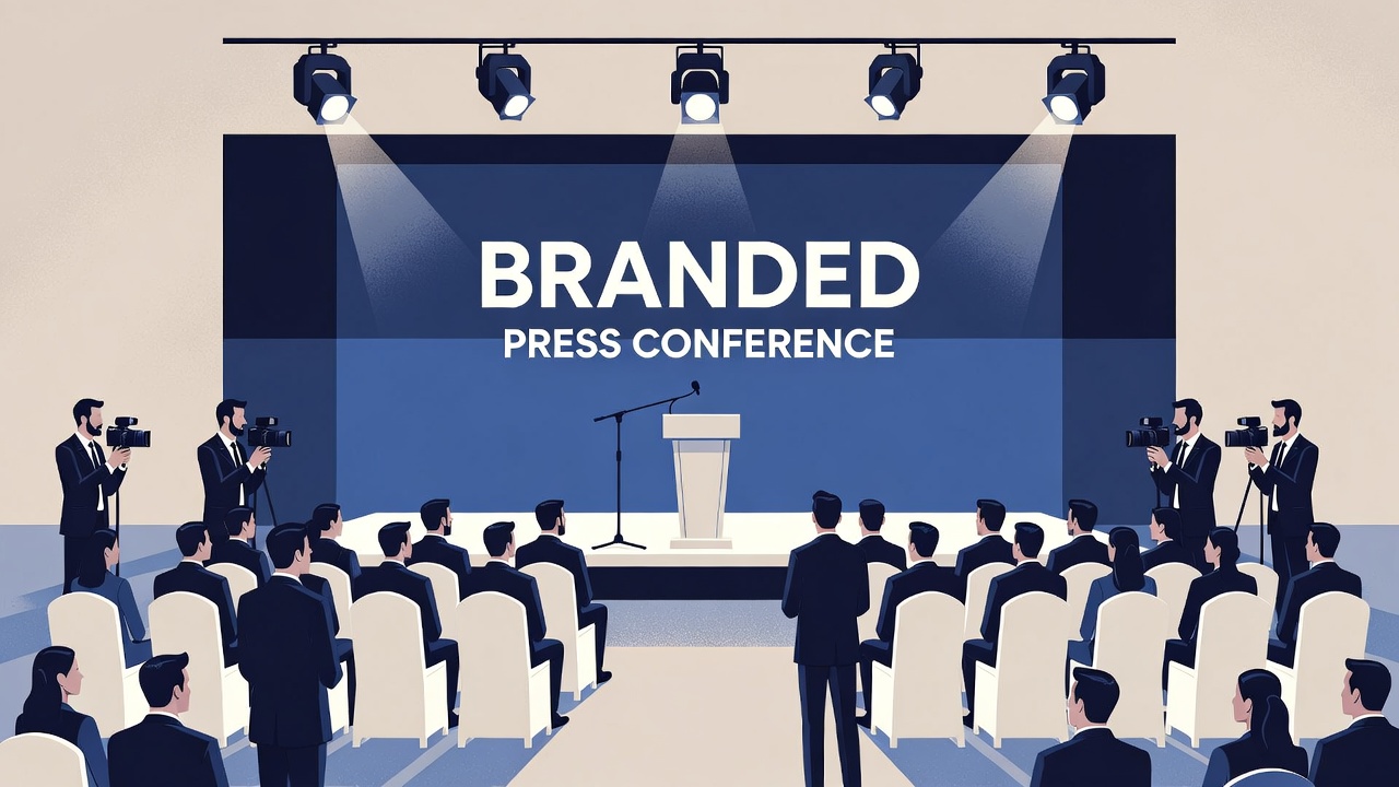 брендированный зал пресс-конференции с оформлением мероприятия
