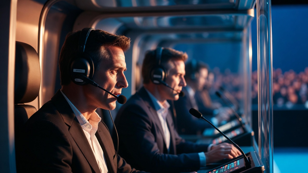 Синхронисты в переводческой кабине во время международной деловой конференции