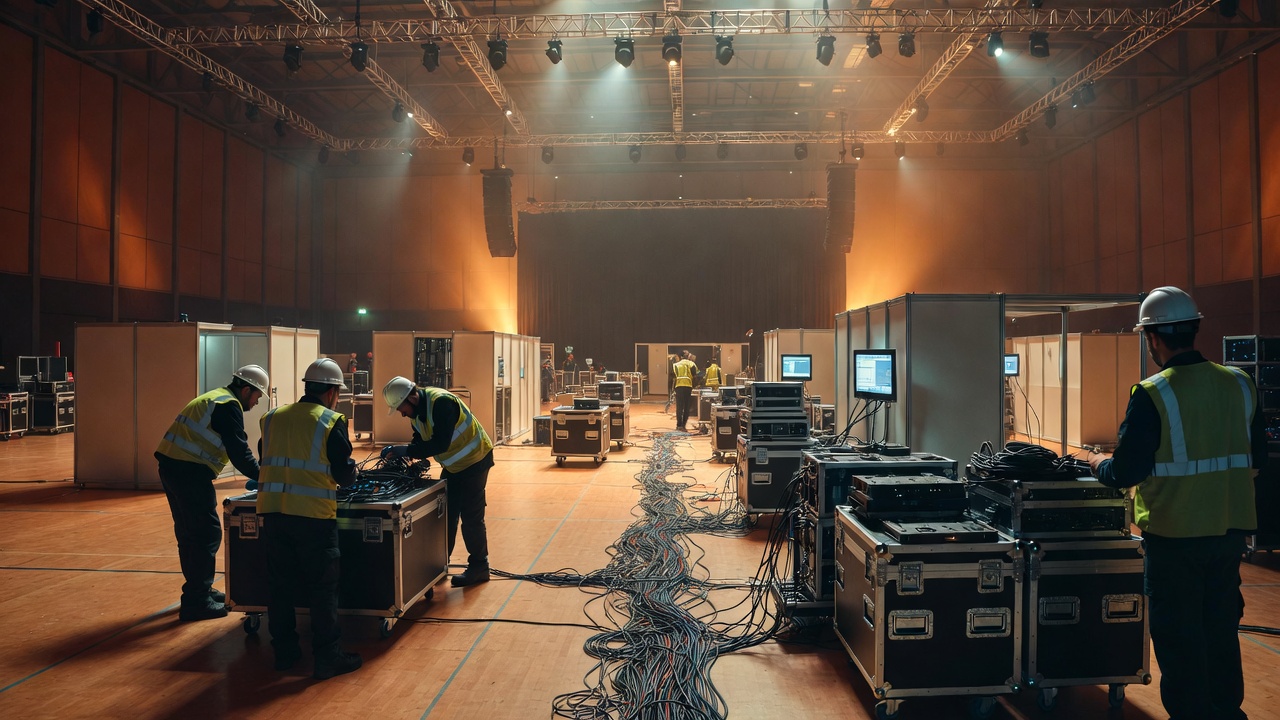 Монтаж оборудования для синхронного перевода перед началом конференции