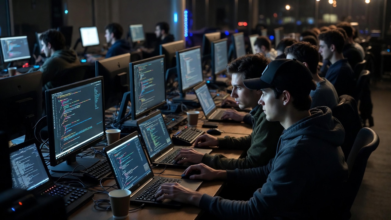 участники хакатона пишут код на ноутбуках во время соревнования