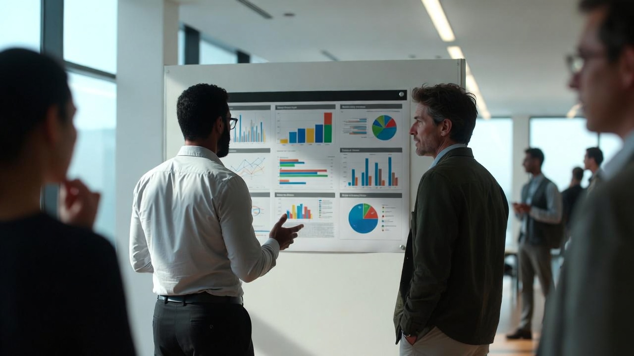 Учёный представляет стендовый доклад коллеге на конференции