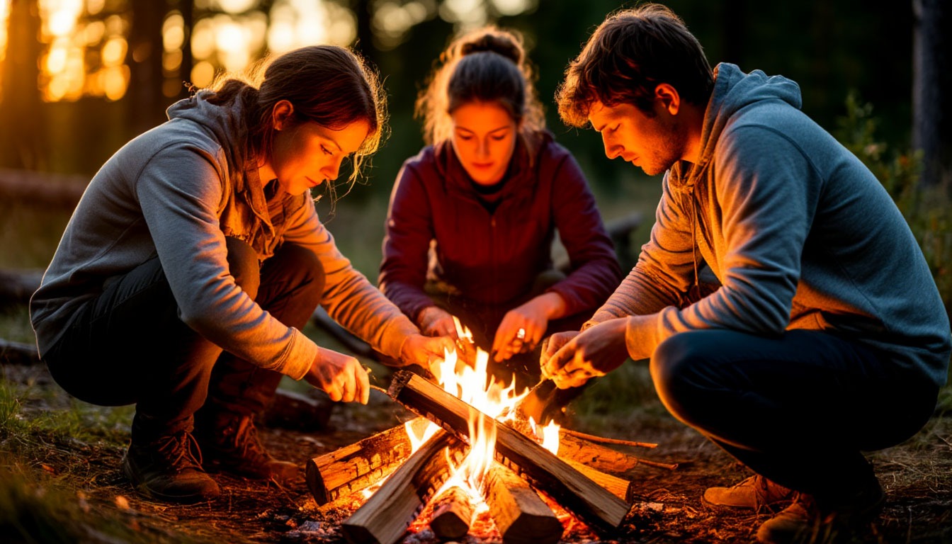 Командная работа при разведении костра на тимбилдинге