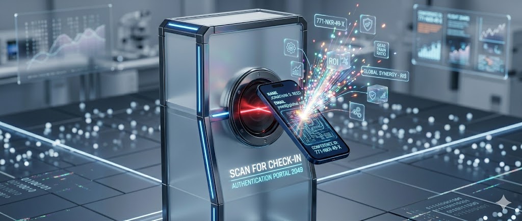Футуристичный киоск саморегистрации со сканером и световыми эффектами считывания