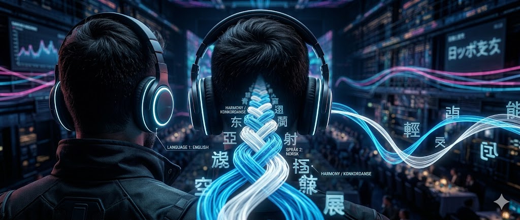 Визуализация процесса синхронного перевода как переплетения двух языковых потоков.