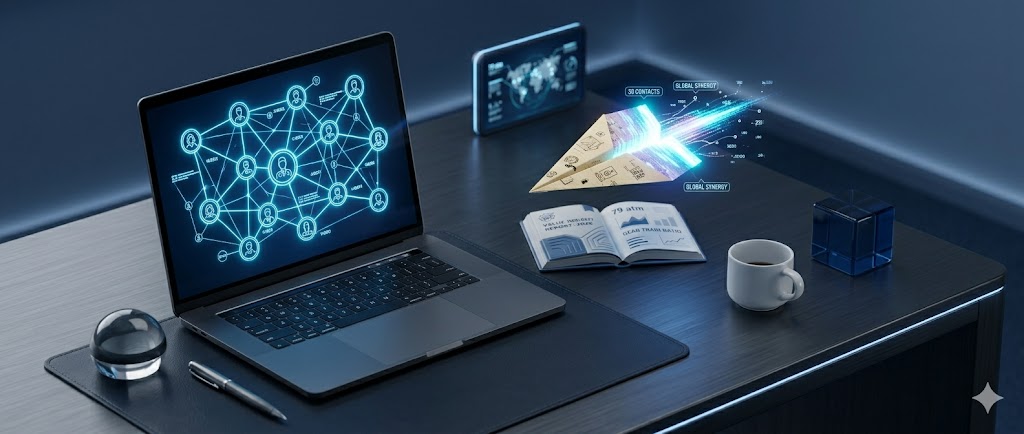 Изометрическая 3D визуализация поиска экспертов через профессиональные сети и отправки приглашений.