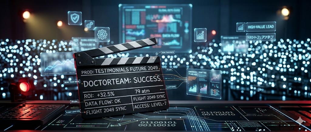 Режиссерская хлопушка на фоне финала конференции, символизирующая успешный видео-кейс.