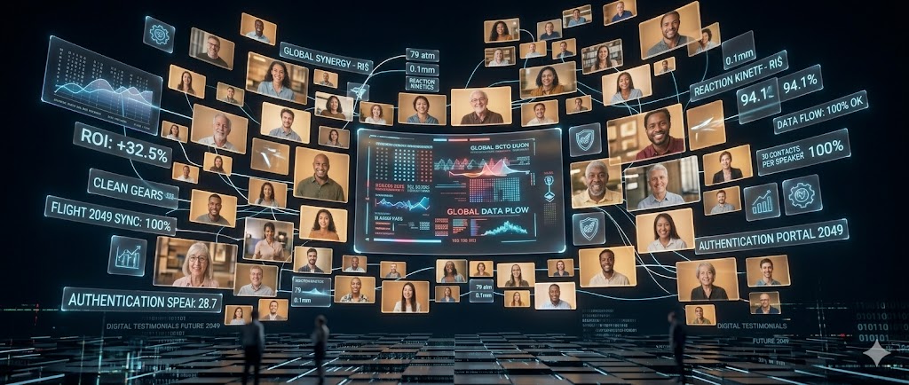 Мозаика из видео-отзывов участников, создающая эффект социального доказательства.