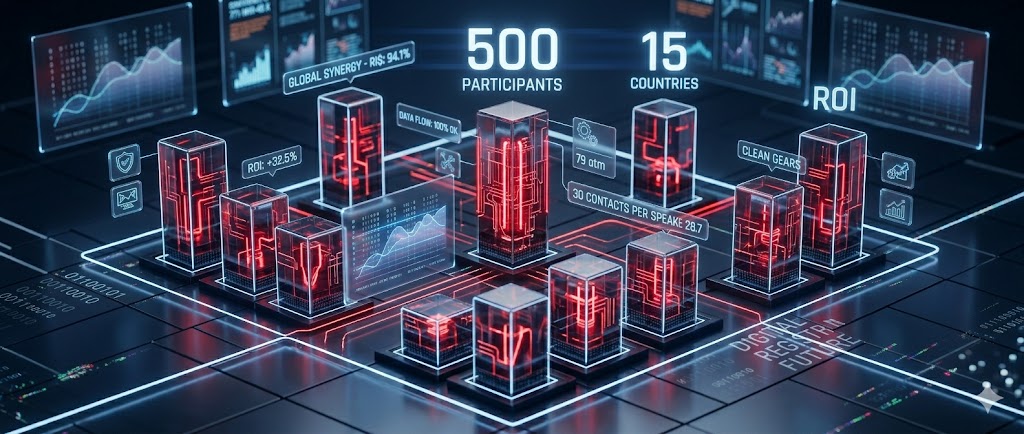 Трехмерная неоновая инфографика с ключевыми цифрами и результатами события.