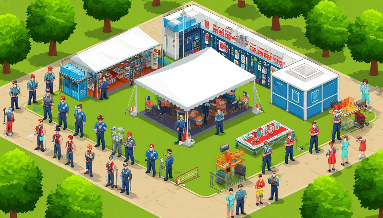 Фуд-корт на корпоративном фестивале — стрит-фуд станции и барная зона