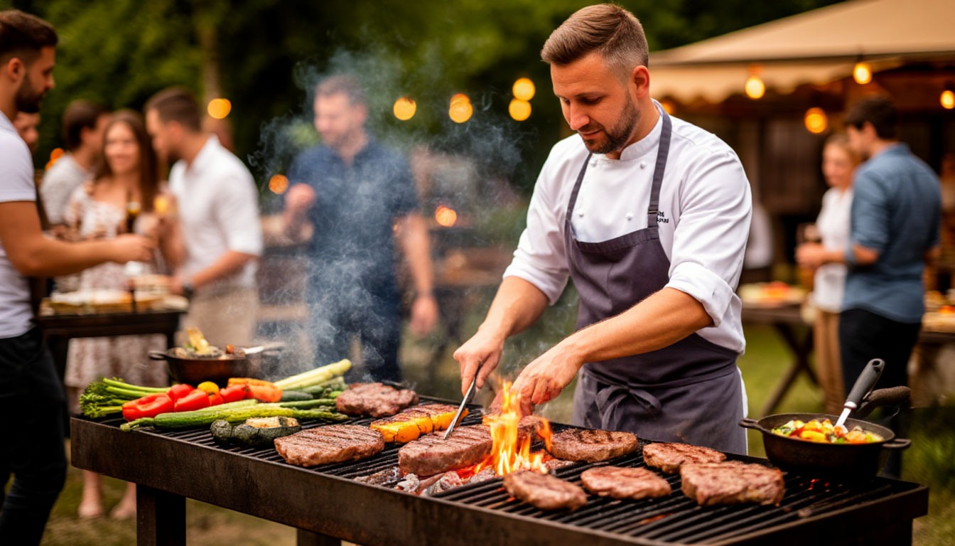 Гриль-зона кейтеринга на корпоративе на природе