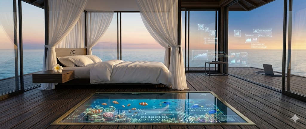 Интерьер роскошной виллы над водой с прозрачным полом и видом на океан.