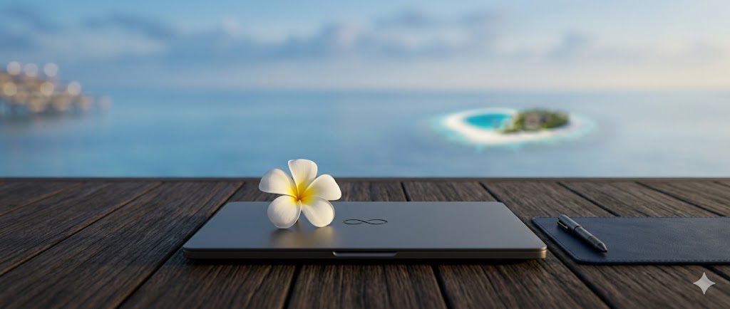 Закрытый ноутбук на фоне океана — концепция цифрового детокса и глубокой концентрации на Мальдивах.