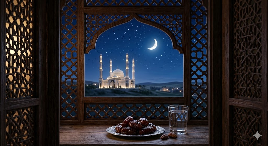 Традиции Рамадана: финики и вода как символы окончания поста на фоне мечети.