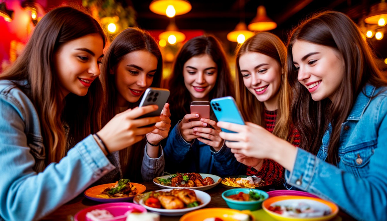 Молодые сотрудники фотографируют еду на корпоративе