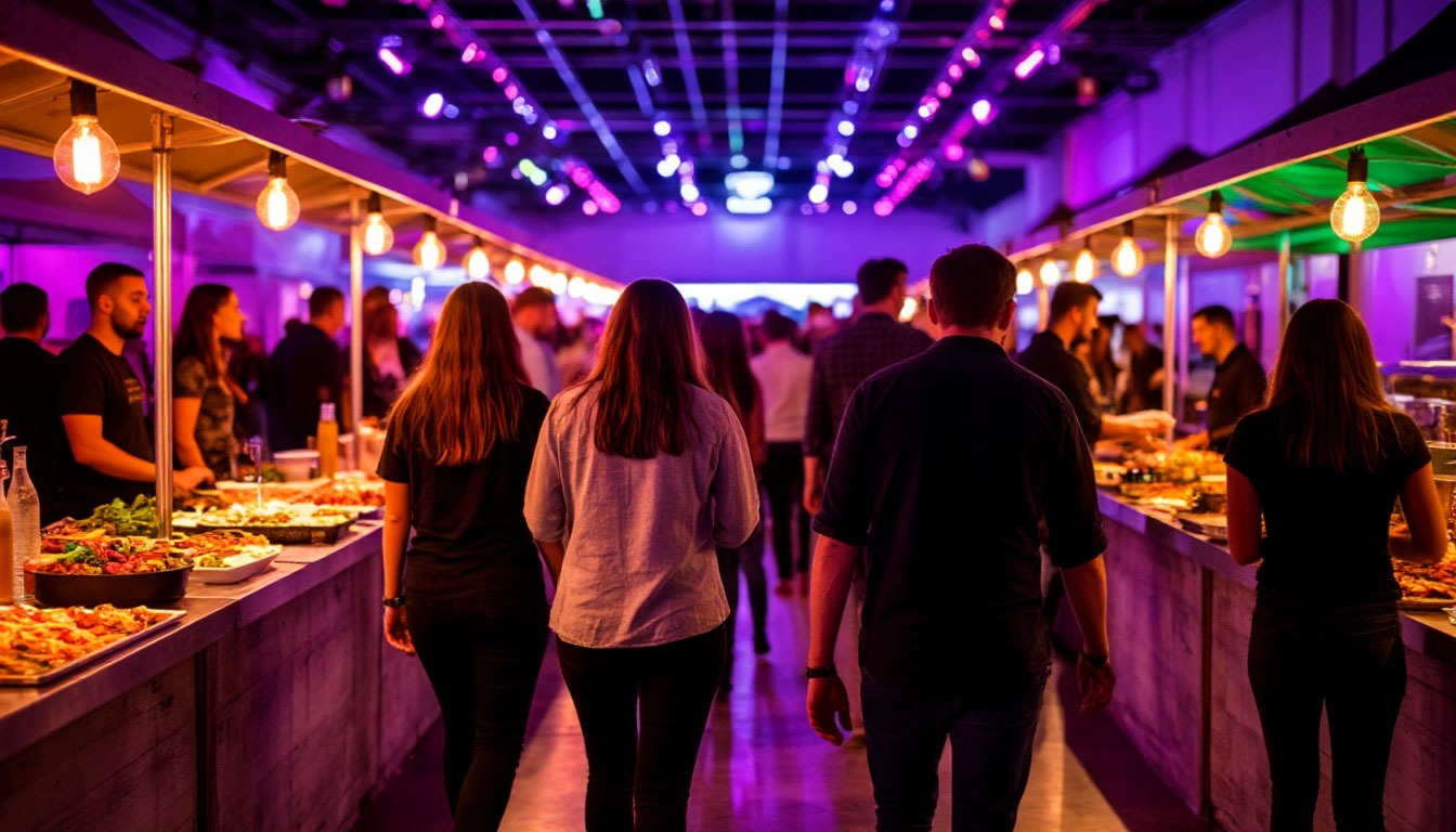 Фудкорт-формат на корпоративе с несколькими зонами еды