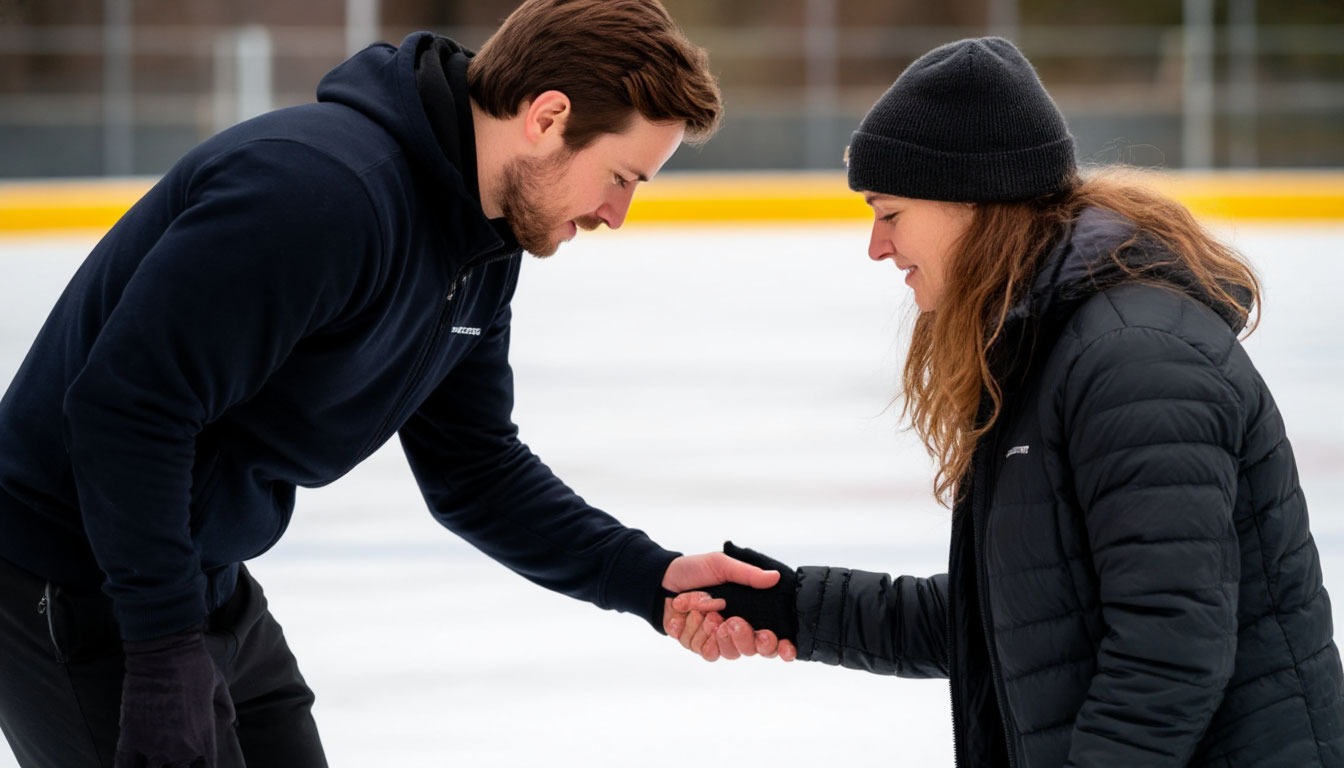 Инструктор помогает новичку на льду